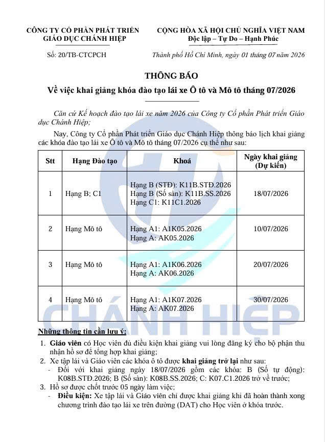 Thông báo khai giảng tháng 07/2026