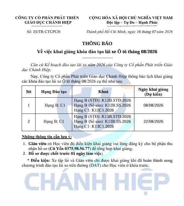 Thông báo khai giảng Tháng 08/2026