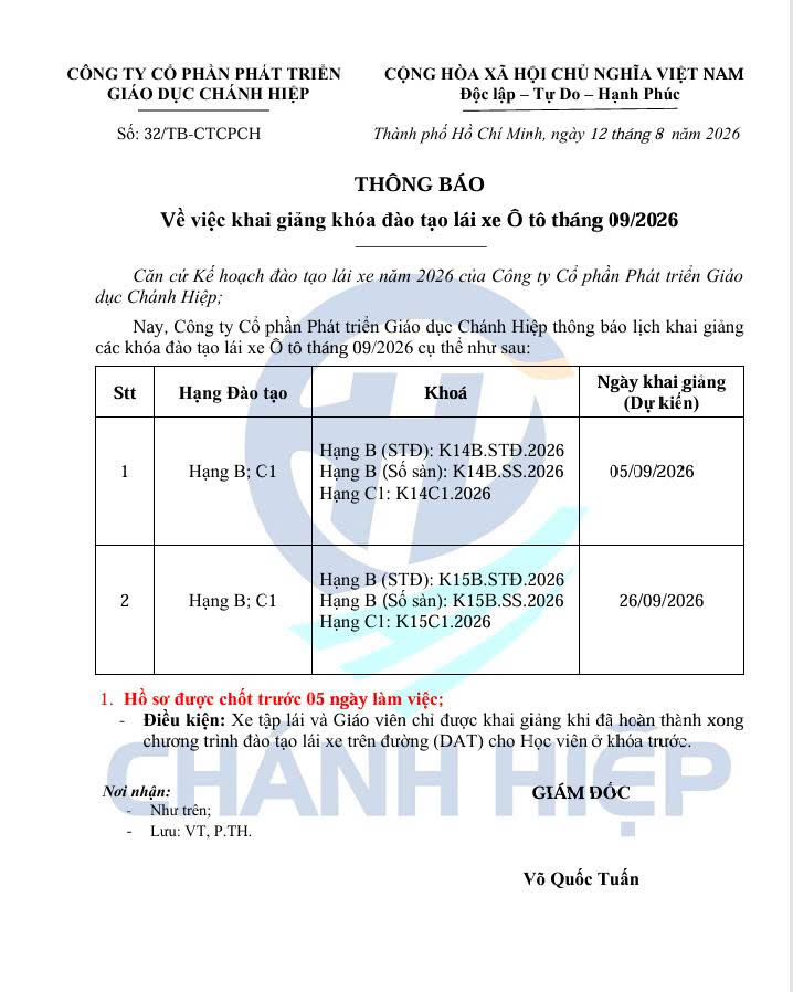 Thông báo khai giảng tháng 26/09/2026 (Hạng C1, B)