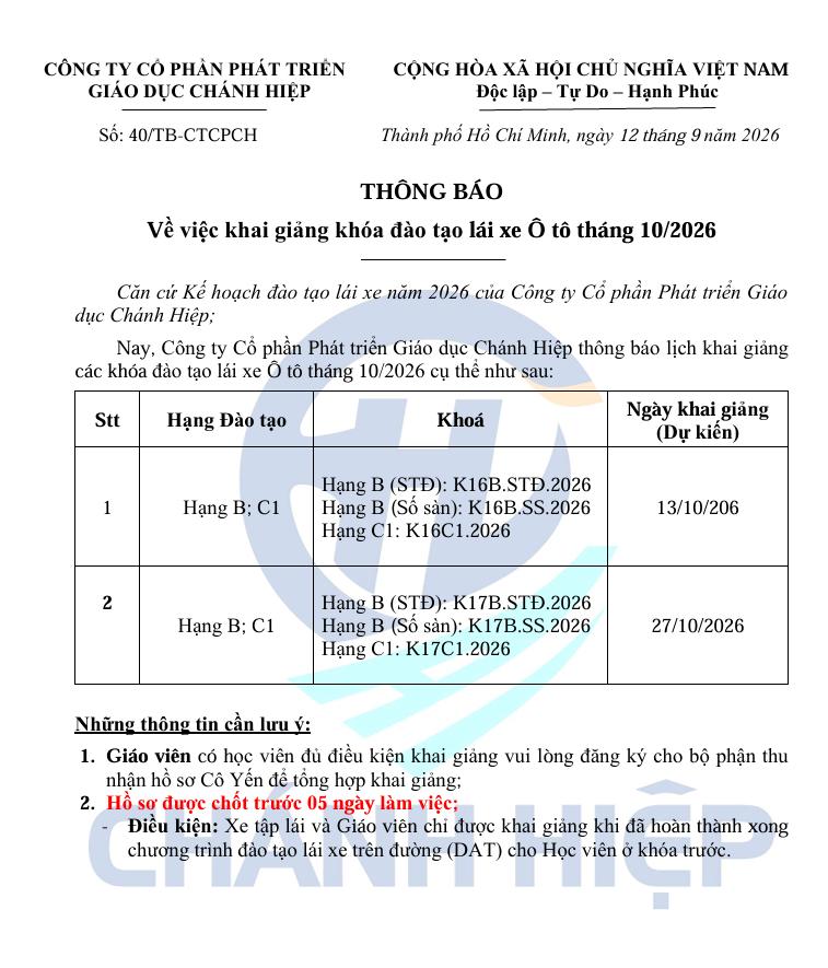 Thông báo khai giảng tháng 10/2026